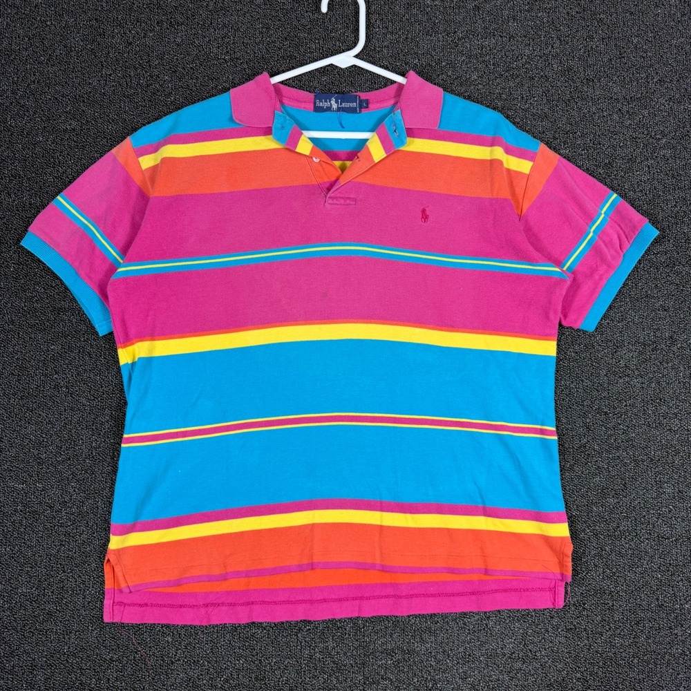 Vintage 80s Ralph Lauren Polo Shirt Women L Pink Blue Stripe Short Sleeve Cotton
